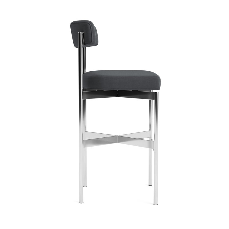 Remy Bar Stool, Performance Linen - Charcoal, Polished Stainless Steel, Bar Stool (31” Seat Height)