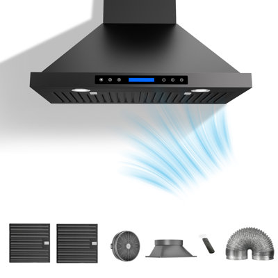 30 inch 900 CFM Convertible Wall Mount Range Hood 4 Speed Quiet Black Stainless Steel Remote and Touch Panel Control with LED Lights