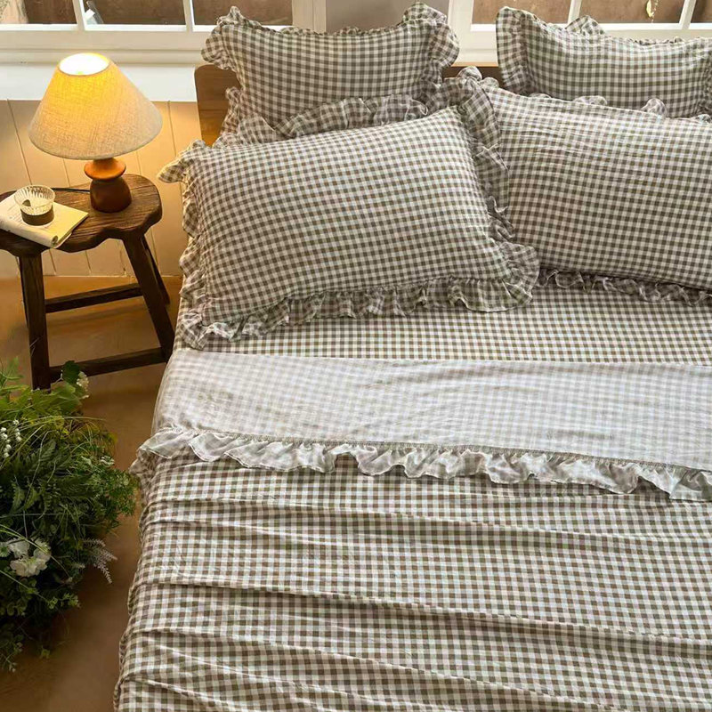 Ensemble de draps Gingham Ruffle, Guingan brun clair, Grand lit