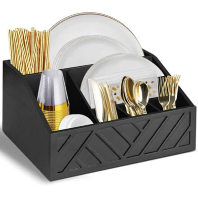 Paper Plate Dispenser, Paper Plate Holder For Kitchen Counter, Wood Rustic Silverware Utensil Caddy, Cutlery Flatware Organizer Box For Cups Spoons Forks Plates Napkins, Kitchen Accessories (Black)