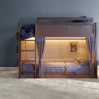 Lit double au dessus d'un lit double avec rangement, panneau de fibres à densité moyenne en bois pour économiser de l'espace