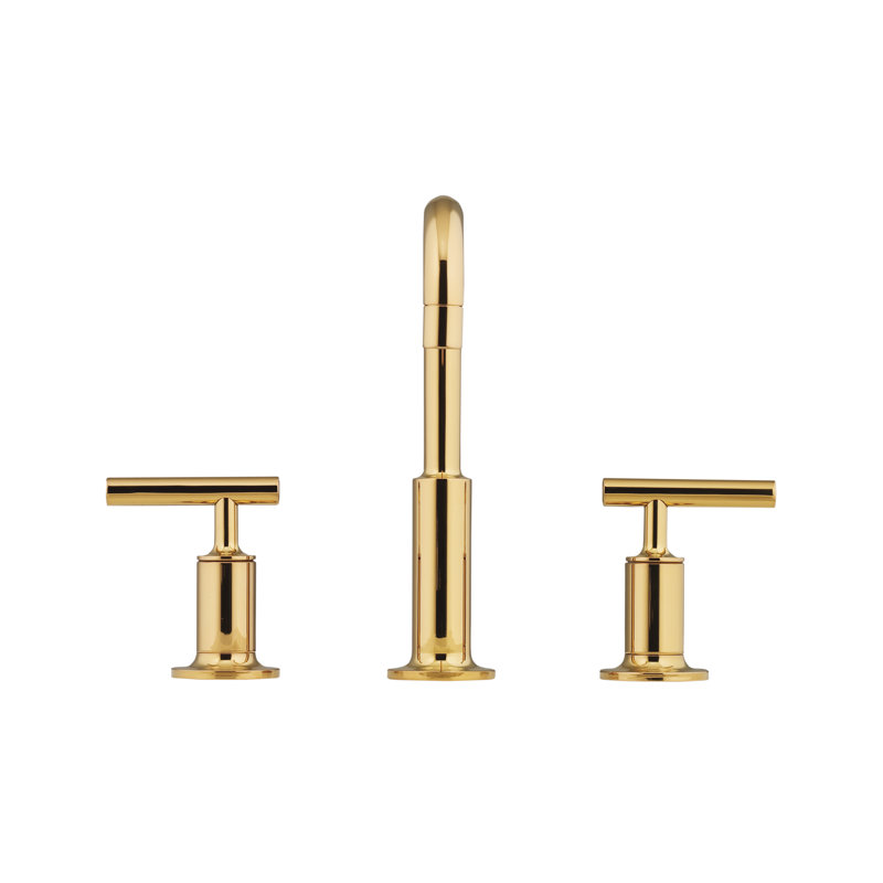Purist Widespread Faucet with Drain Assembly Low Lever Handles and Low Gooseneck Spout, Vibrant Moderne Polished Gold