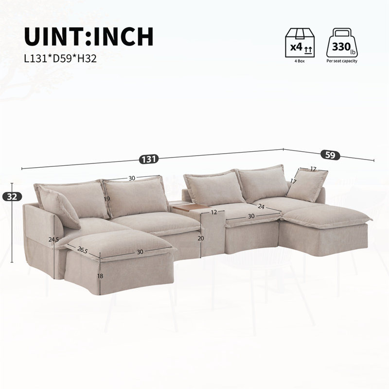 Modular Sectional Sofa with Movable Storage Ottoman and Console