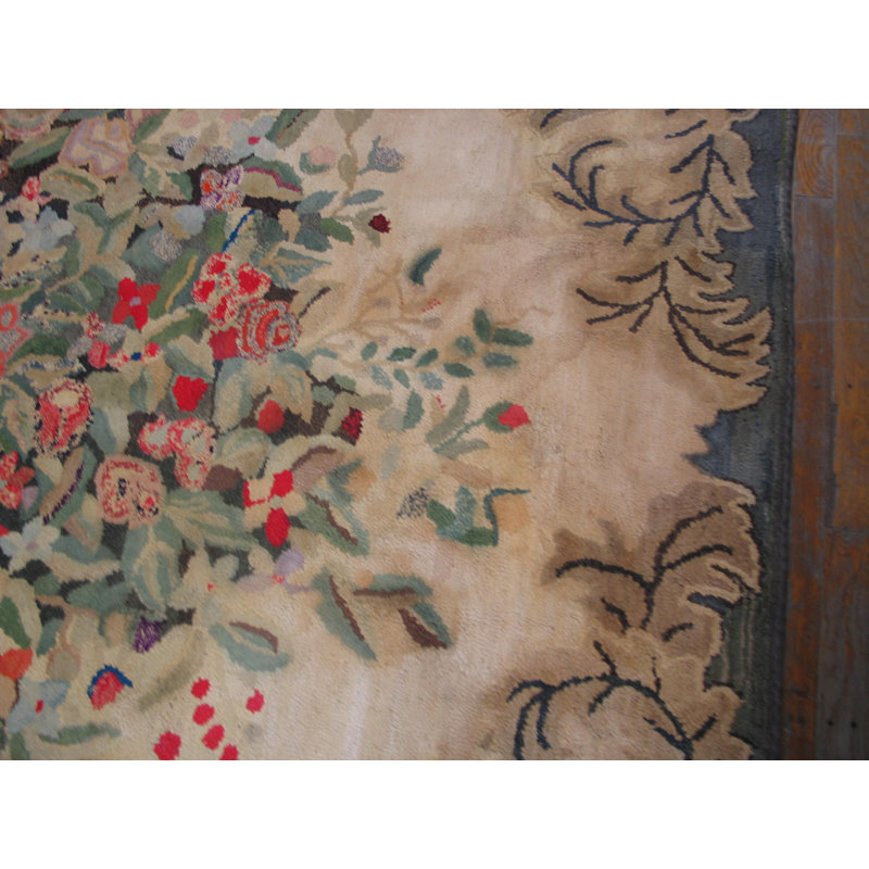 Room Size American Hooked Antique Ivory Wool 1930s Rug