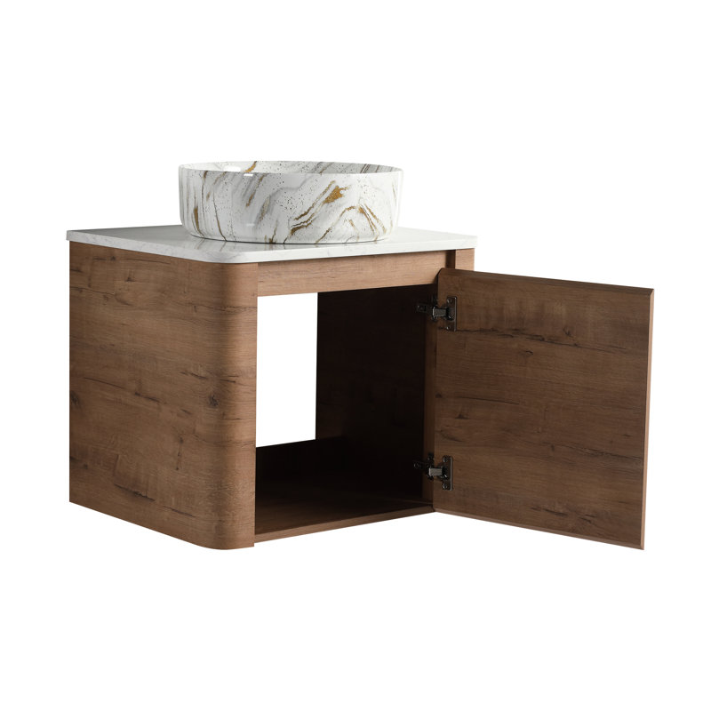 Meuble-lavabo mural de 24 po, lavabo d'art en céramique, porte simple à fermeture en douceur, contreplaqué emballé dans le style moderne, facile à enlever, meuble-lavabo de 24 po à ouverture à droite ou à gauche