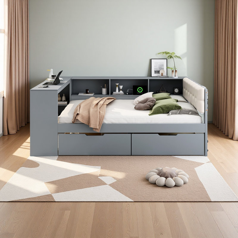 Lit plateforme en bois avec tablettes de rangement, tiroirs, station de charge et tête de lit tapissier, Lit double