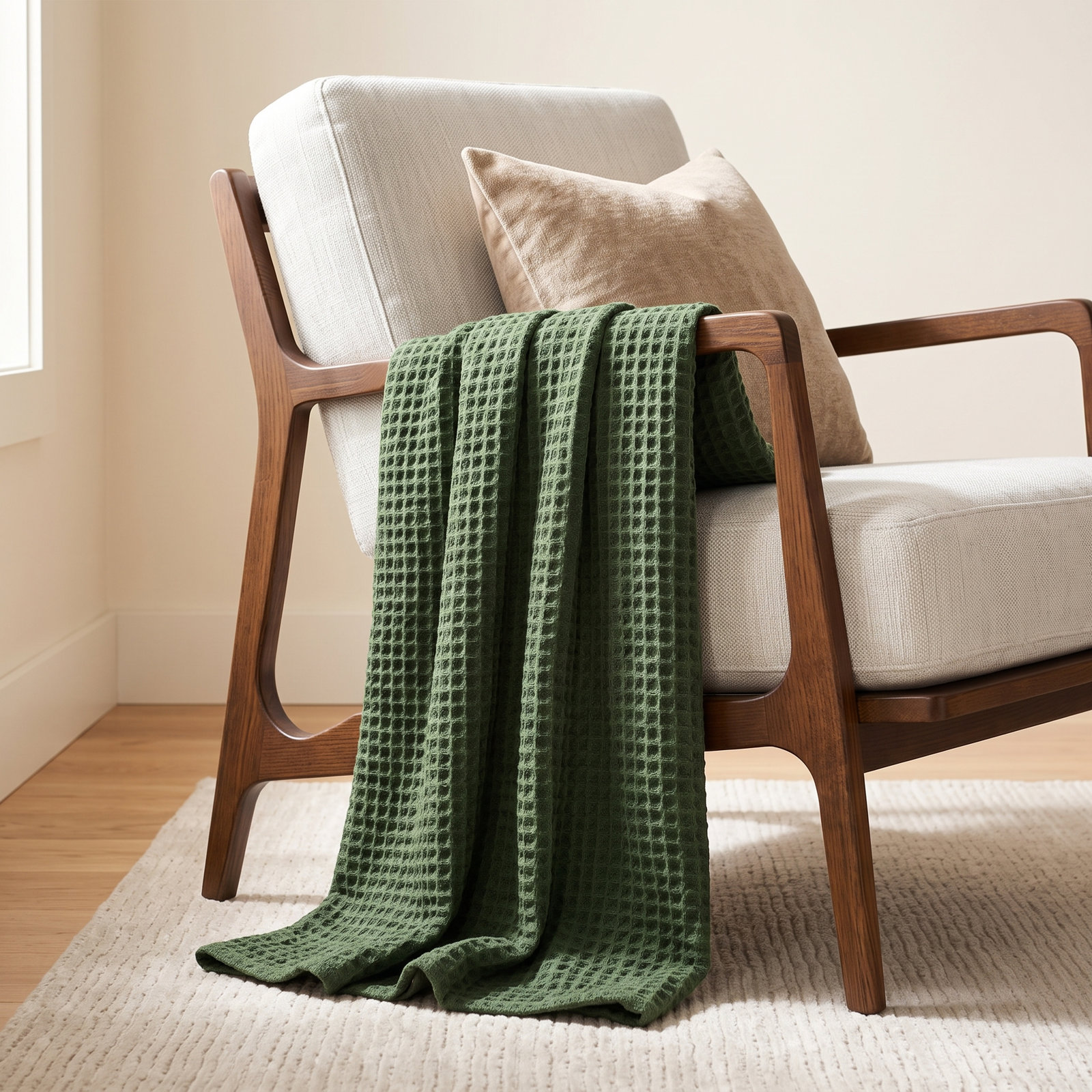 Waffle Weave 100% Cotton Blanket, Queen, Olive Green