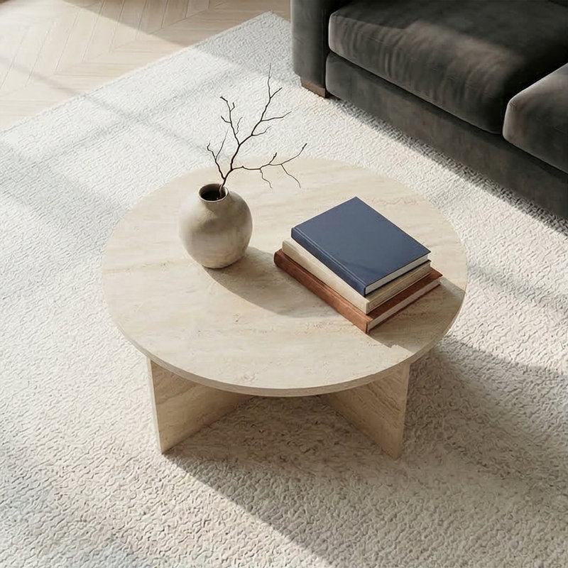 Ellington 35" Wide Round Coffee Table, Travertine