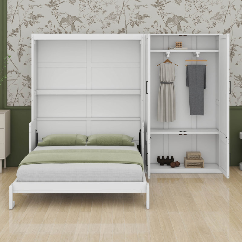 Grand lit escamotable avec garde-robe et garde-robe, Blanc