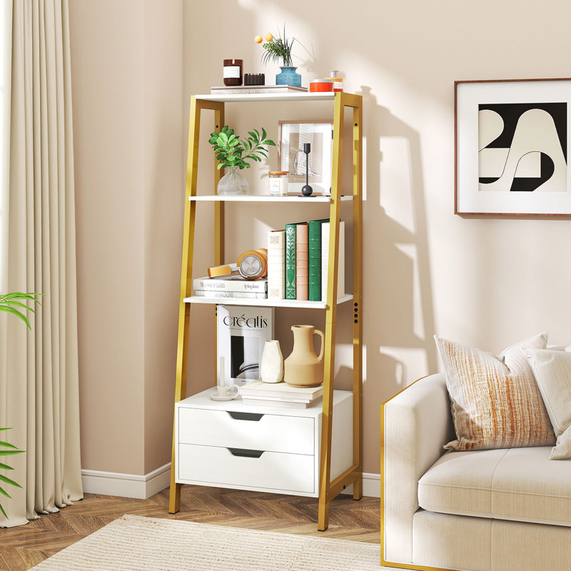 4-tier Bookshelf w/ 2 Storage Drawers Sturdy Metal Frame Anti-toppling Devices, White/Gold