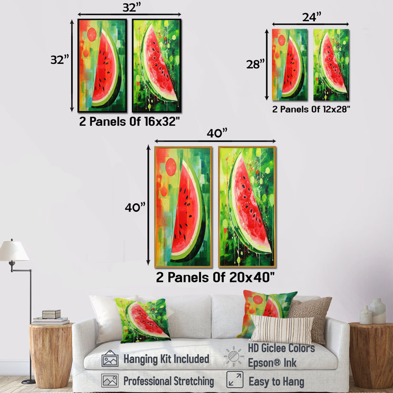 Ensemble de salon mural vert avec pastèque verte - fruits, H 28 po x l 25 po, Toile tendue