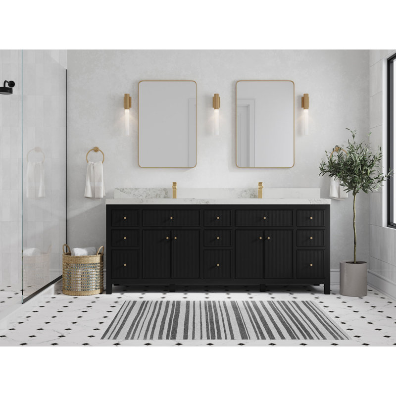 84'' Double Bathroom Vanity with Top, Black, Calacatta Nuvo