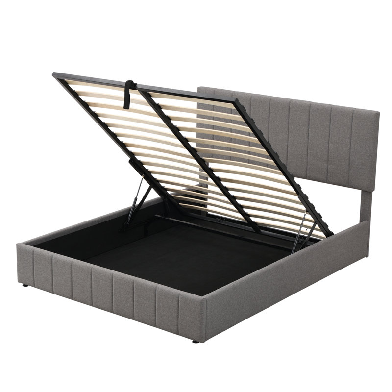 Grand lit plateforme tapissier avec système de rangement hydraulique - gris