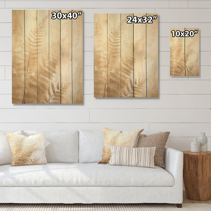 «Golden Ferns Silent Symphony I», art mural en bois sur bois de pin naturel, H 40 po x l 30 po