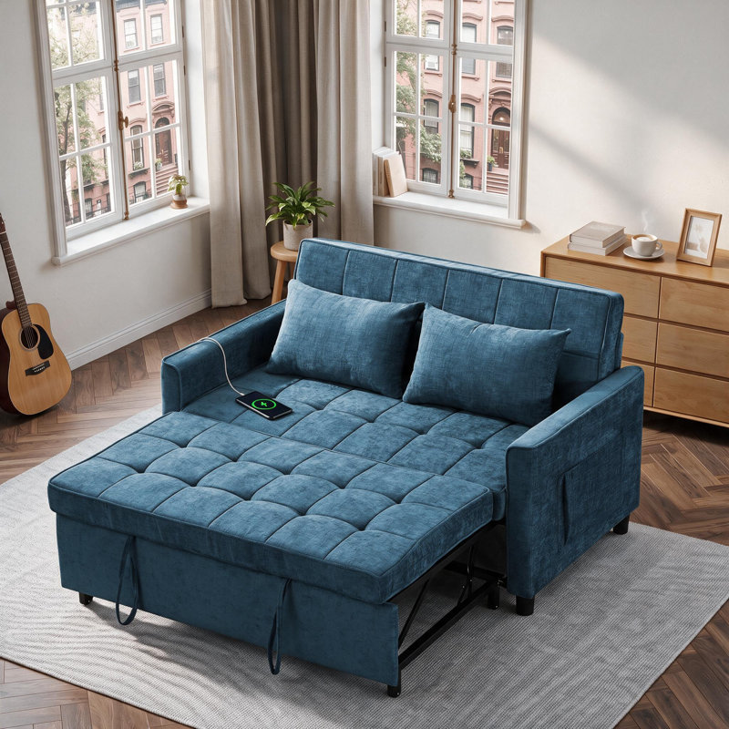 Canapé-lit rembourré 56,9 po avec port USB et poche latérale, Bleu