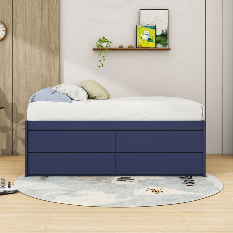 Lit plateforme en bois avec 4 tiroirs et sommier à lattes, Full, Navy Blue