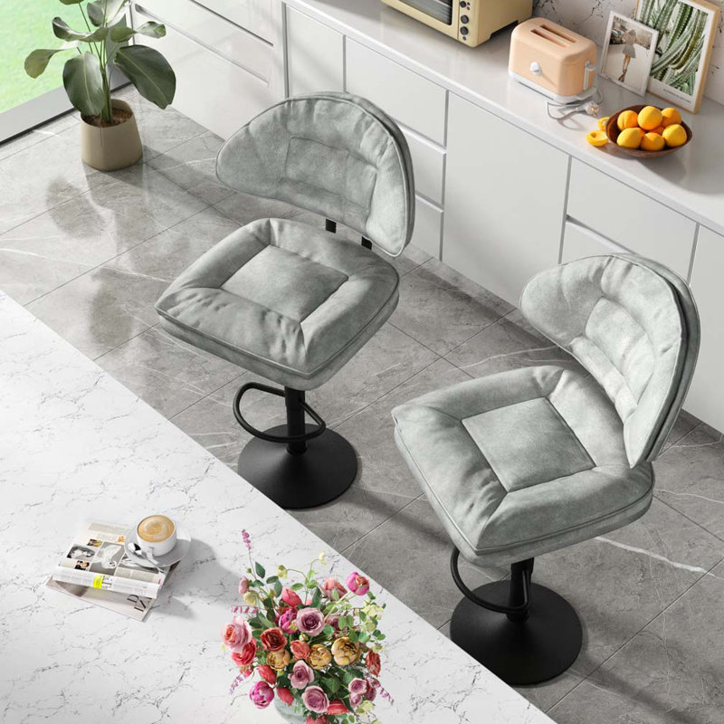 Swivel Adjustable Height Bar Stools Set of 2, Light Grey Seat/Black Frame