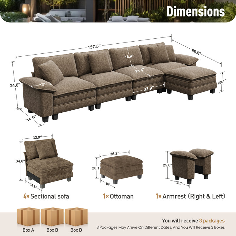 158" Modular Sectional Sofa with Ottoman, Oversized L-Shaped Deep Seat Couch with Wide Removable Armrests, Brown Chenille