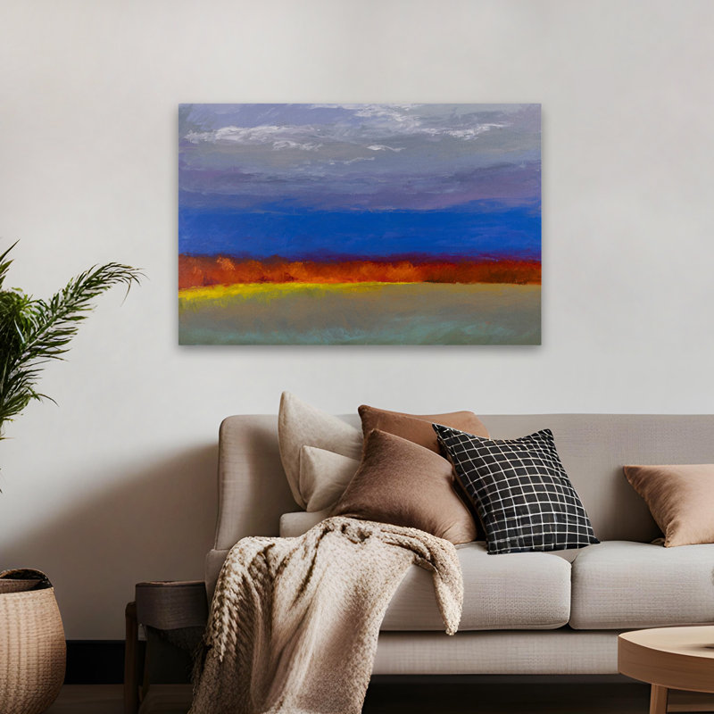 Illumination d'arbres lointains - paysages contemporains gris et bleu, H 48 po x l 32 po