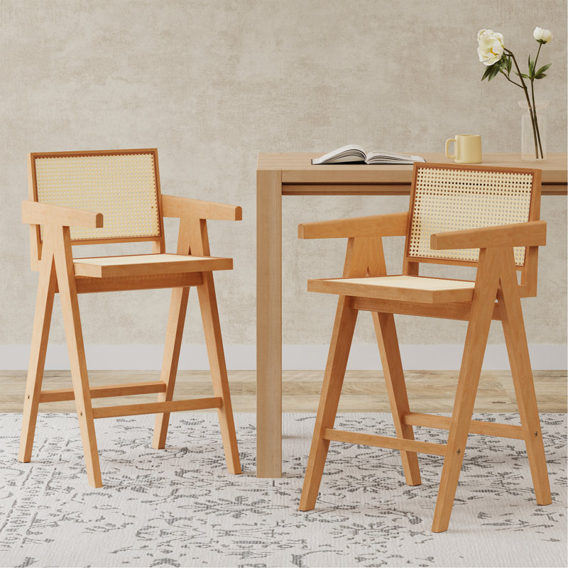 27 po, tabouret de bar minimaliste moderne avec assise en bois de canne, structure en bois massif, finition naturelle