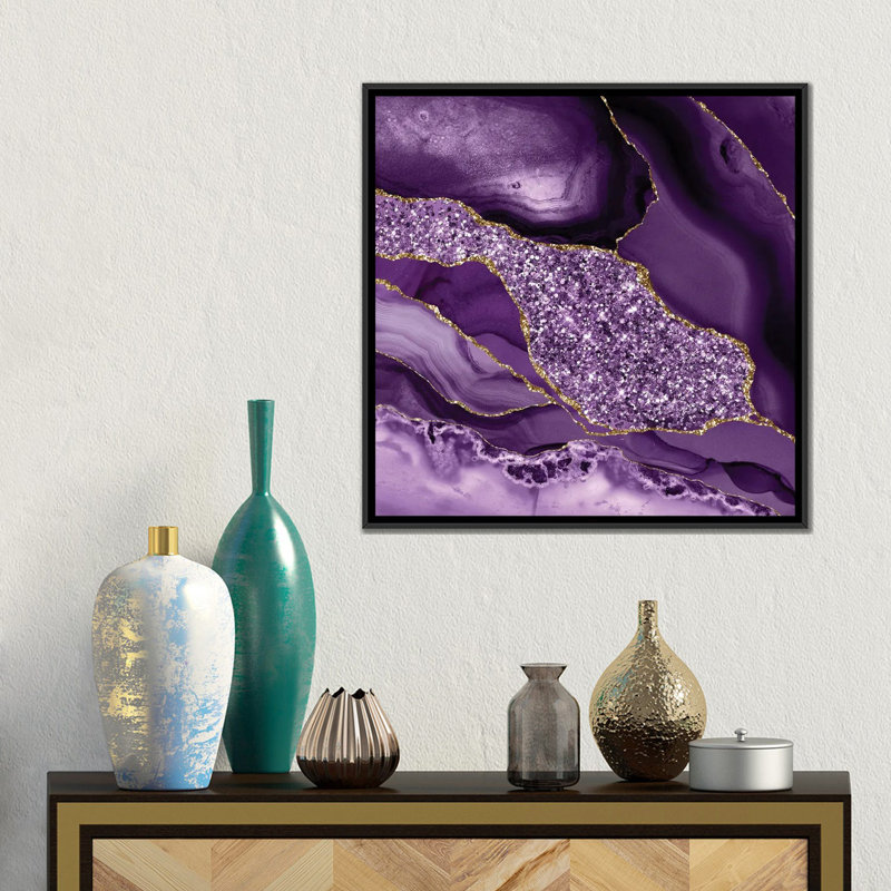 Agate scintillante, texture océan III, H 18 po x l 18 po x P 1,5 po, Toile avec cadre flottant noir, Pas de tapis