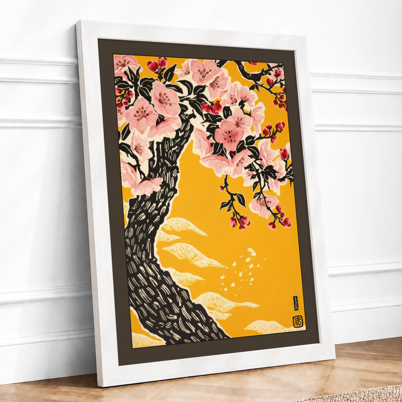 Blossoming Tree with Birds Japandi - Framed Print, A4 - 29.7 x 21.0 cm, White