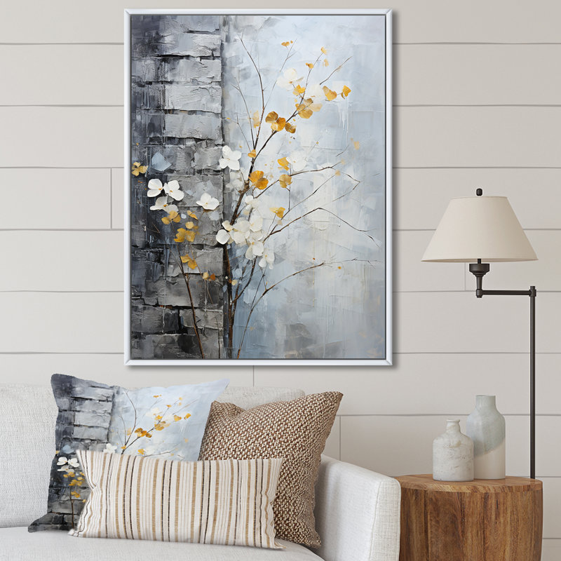 «Minimalist Granite Grape Leaves», reproduction sur toile, Cadre flottant blanc, H 20 po x l 12 po x P 1 po