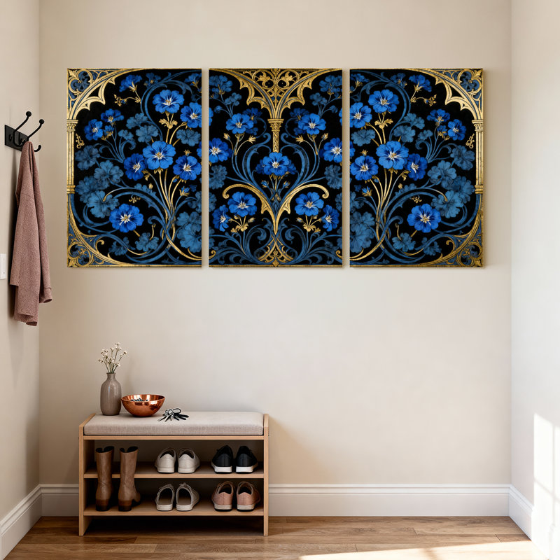 Plantes et fleurs fleurs bleues or ornement fond noir Design élégant trois panneaux d'art ensemble de 3 impressions sur toile
