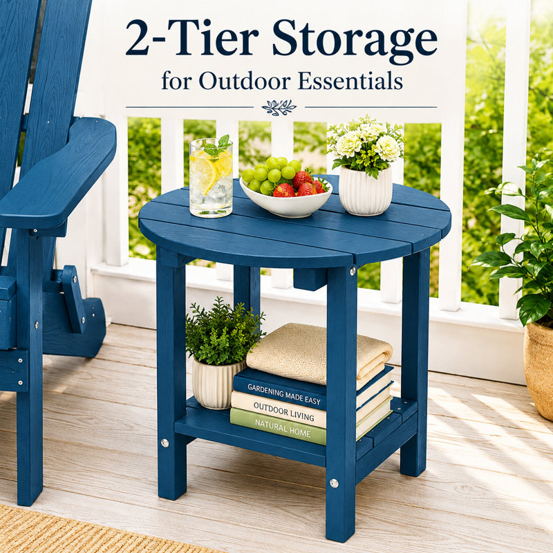 18" W x 18'' D HIPS Round Outdoor Side Table for Adirondack Chairs, 2-Tier Storage Easy Maintenance & Weather-Resistant Patio End Table with 330Lbs Load Bearing for Backyard, Pool, Patio, Porch, Garden, Lawn, Relaxing Companion, Navy Blue
