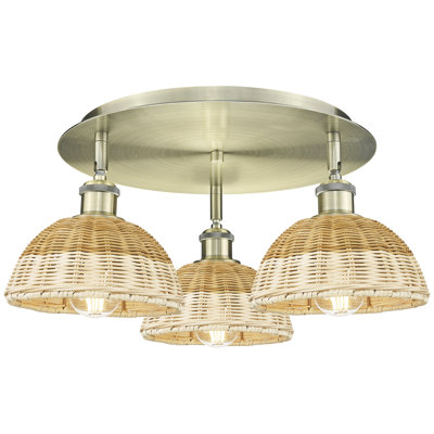Plafonnier encastré 3 lumières 19 po Ballston - Bristol Natural II - fini laiton antique - abat-jour naturel