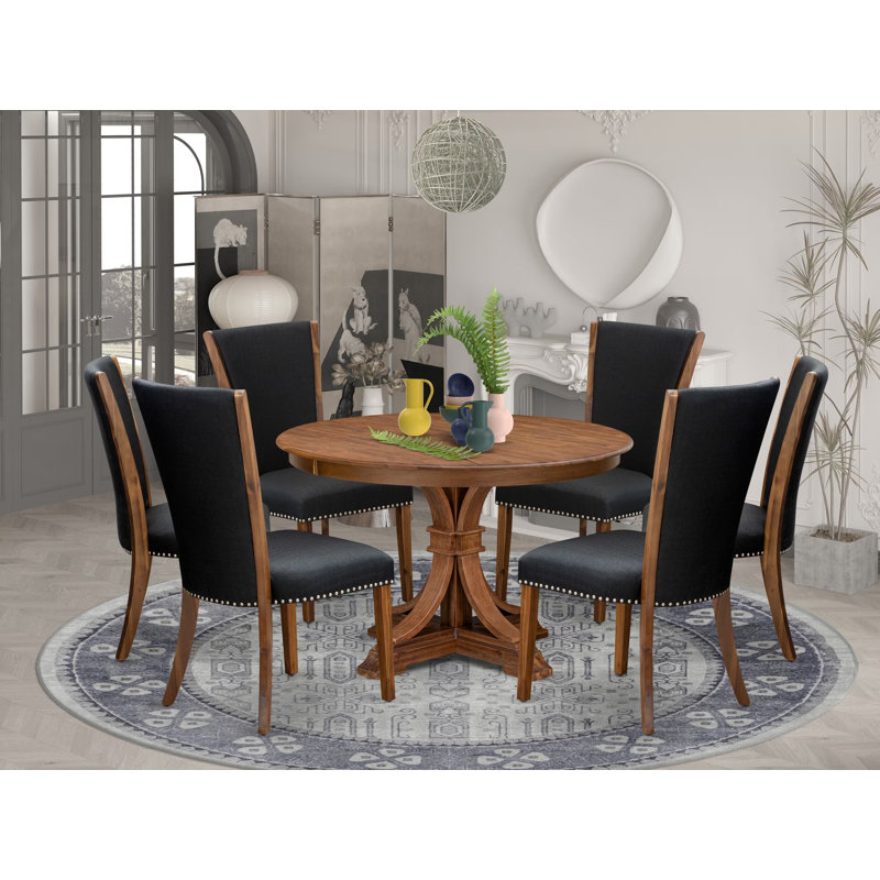Ensemble de table de salle à manger 7 pièces comprenant une table de cuisine ronde avec piédestal et 6 chaises Parson en tissu noir, noyer antique