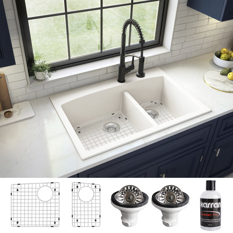 Ensemble d'évier de cuisine à double cuve à montage sur le dessus 60/40 Karran Quartz 33 "X 22", Blanc