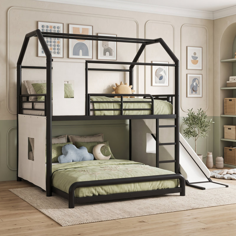 Lit superposé en métal avec glissière, lumière DEL et tablettes, Double sur double, Noir