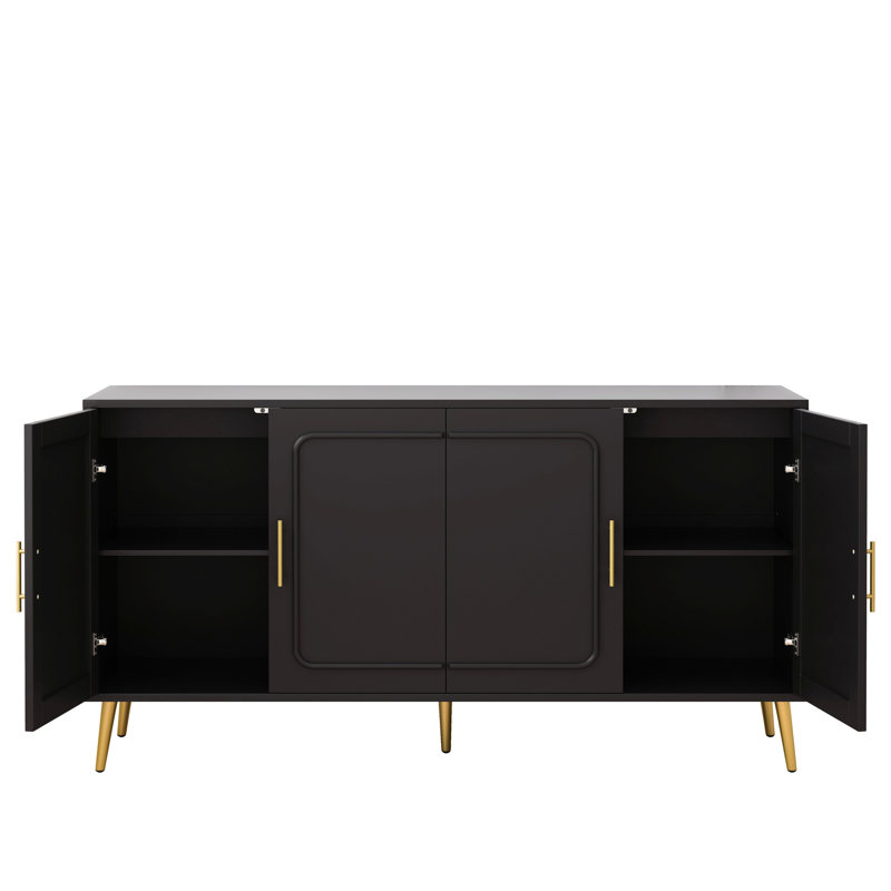 Armoire rétro à quatre portes avec rotin en plastique, grand espace de rangement pour le salon, la salle à manger et la chambre à coucher