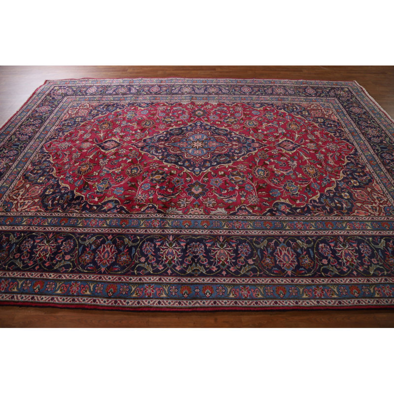 Tapis rose en laine noué à la main de conception unique de style années 70 7 pi 11 po x 10 pi 11 po Rodricka