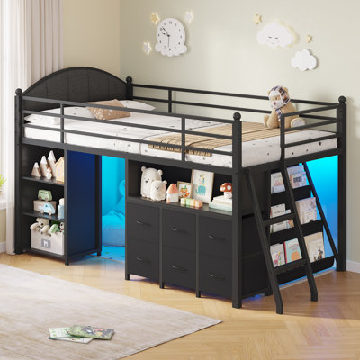 Low Loft Bed with 6 Drawers and Bookcase Storage, Twin Metal Loft Bed Frame with LED Lights, Upholstered Headboard, 3 Open Shelves, Inclined Ladder and Under-Bed Play Area, Black