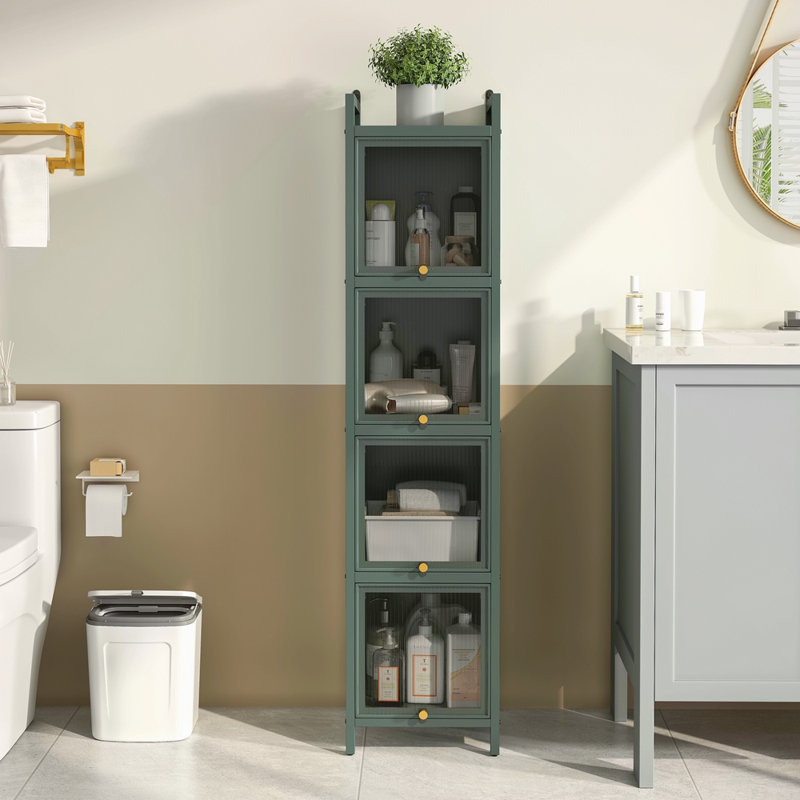 Modern Four-Tier Glass Door Cabinet With Featuring Five-Tier Storage, For Entryway Living Room Bathroom Dining Room, Green