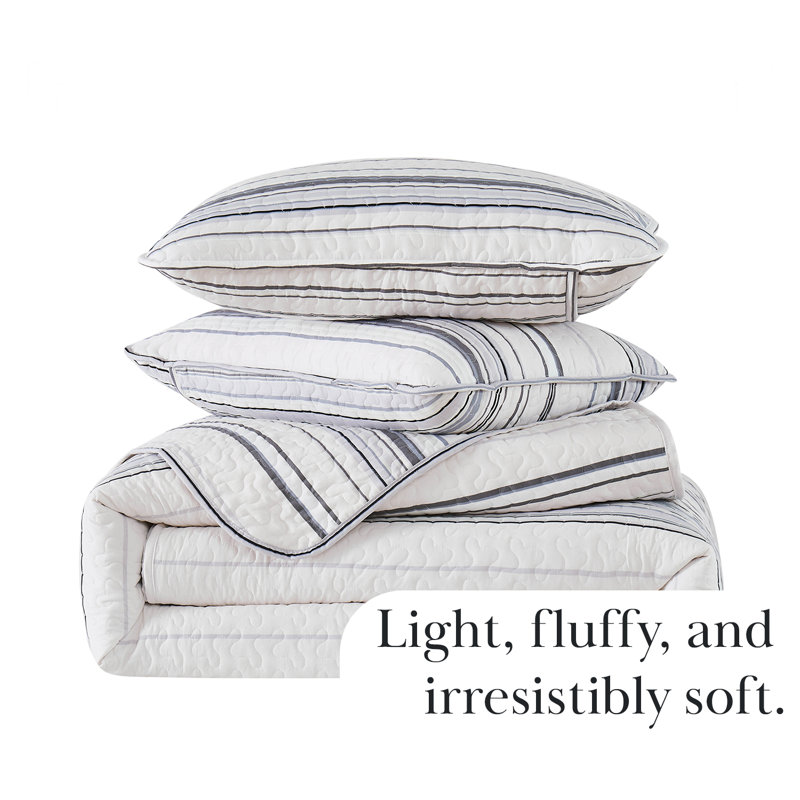 Coastal Stripes Collection Reversible Quilt Set, Gray, Twin Quilt + 1 Standard Sham