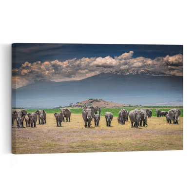 Elephants Under Kilimanjaro Abstract Contemporary Elephant Landscape Mountain Wall Art Print by Jeffrey C. Sink - 1 Piece Wrapped Canvas Wall Art