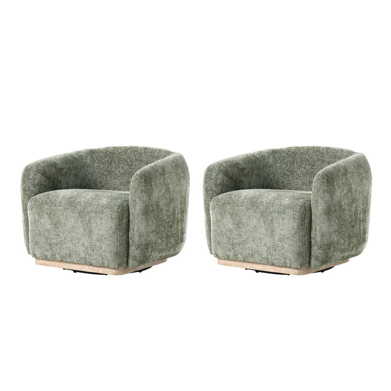 Berklie 35"W Modern Boucle Chenille Swivel Armchair With Solid Wood Base, Moss