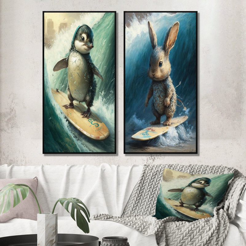 «Bird Surfing», 2 pièces sur toile, H 32 po x l 32 po, Cadre noir