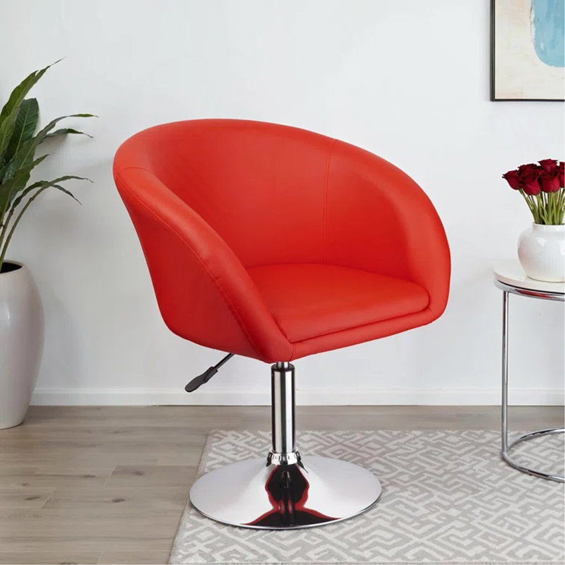 Adjustable Faux Leather Swivel Barrel Chair For Dining Room, Kitchen, Chrome Finish Metal Coffee Chair In Red Upholstery