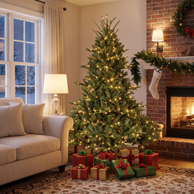 Sapin de Noël artificiel de 1,5 m (5 pi) pré-illuminé, avec 350 lumières blanc chaud certifiées UL, 1129 pointes en PE/PVC, branches articulées, profil large et support en métal