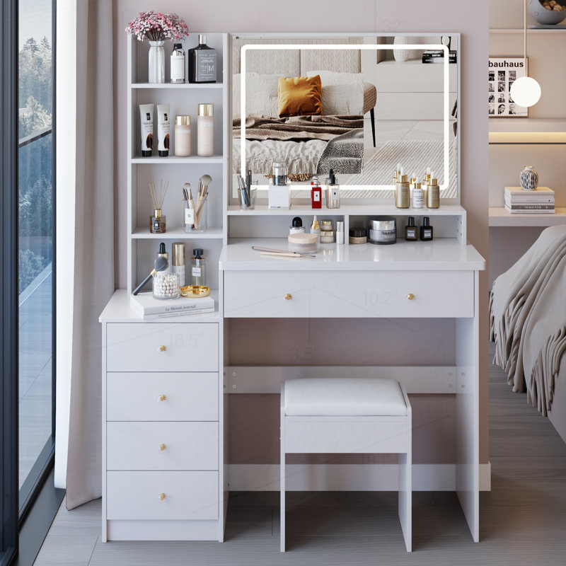 41" Large Size Left Bedside Cabinet Vanity Table+Cushioned Stool, Extra Large Touch Control LED Mirror, White