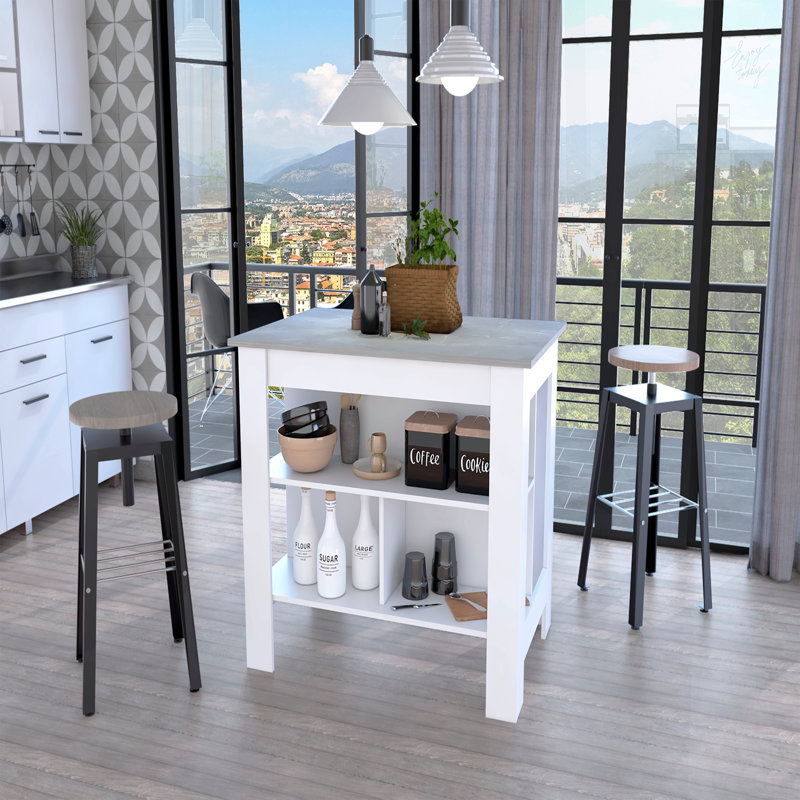 Îlot de cuisine à 3 tablettes, Blanc / Gris
