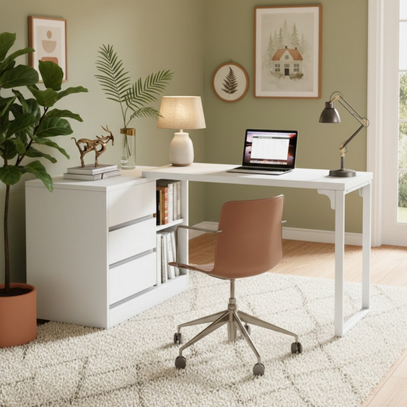L-Shaped Reversible Corner Computer Desk with Drawer Cabinet, White
