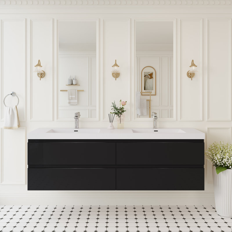 72" Floating Bathroom Vanity Wall-Mounted Storage Vanity with 2 Integrated Resin Top Basins and 4 Soft Close Drawers, Full Assembly