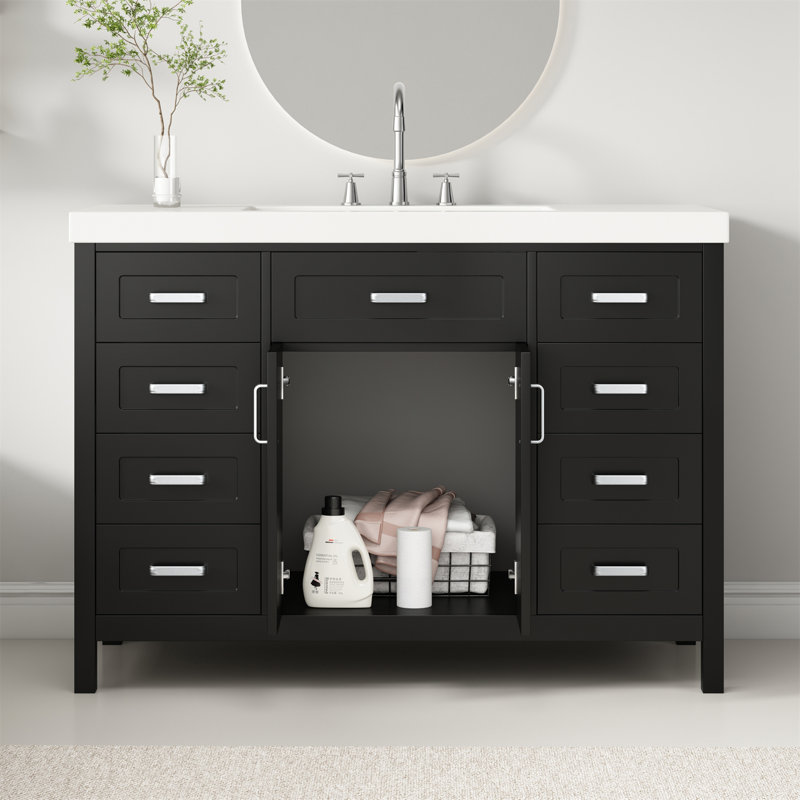 Meuble-lavabo simple autoportant 47 po avec comptoir en résine, portes à fermeture en douceur et tiroirs à fermeture en douceur 47 po