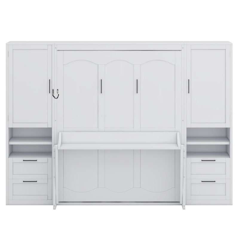 Lit escamotable Murphy avec placard, tiroirs et tablettes, Blanc, Grand lit