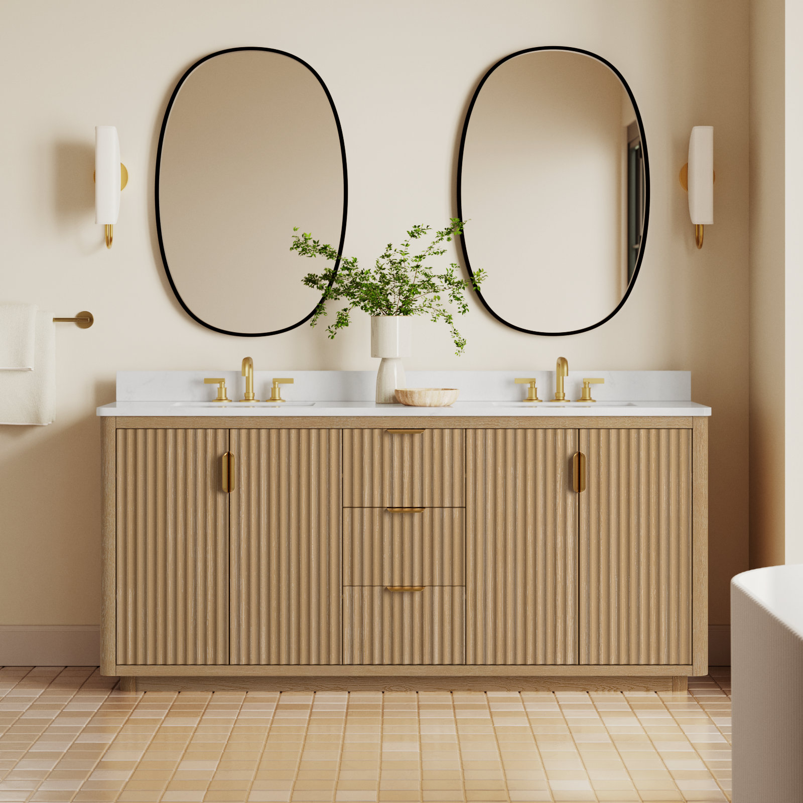 Adela 72'' Double Bathroom Vanity, White, Gold, Brown